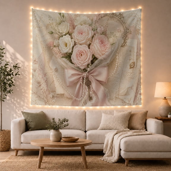 Blush Pink Roses with Vintage Key on Aged Parchment, Nostalgic Vintage for Flower Lovers, Floral Bouquet Art Decor, Valentine's Day Gift, Tapestry Wall Hanging for Living Room and Bedroom