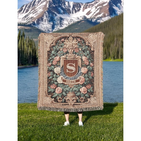 Blush Pink, Sage and Brown Floral Monogram Crest Woven Throw Blanket, 100% Cotton, Fringed Edges, Living Room Decor
