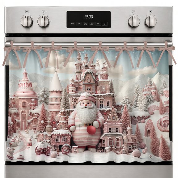 Blush Pink Santa, Oven Skirt Curtain for Kitchen, Stove Cabinet Dishwasher Curtain with Ruffled Trim & Ribbon Ties, Christmas Winter House Home Appliance Cover for Door Over Sink
