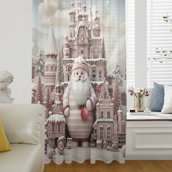 Blush Pink Santa, Semi Sheer Curtains Drapes for Living Room, Bedroom, French Doors Window 84 Inches Long, Christmas Winter House Home Rod Pocket Chiffon Curtain Drapery Voile Draperies Panel