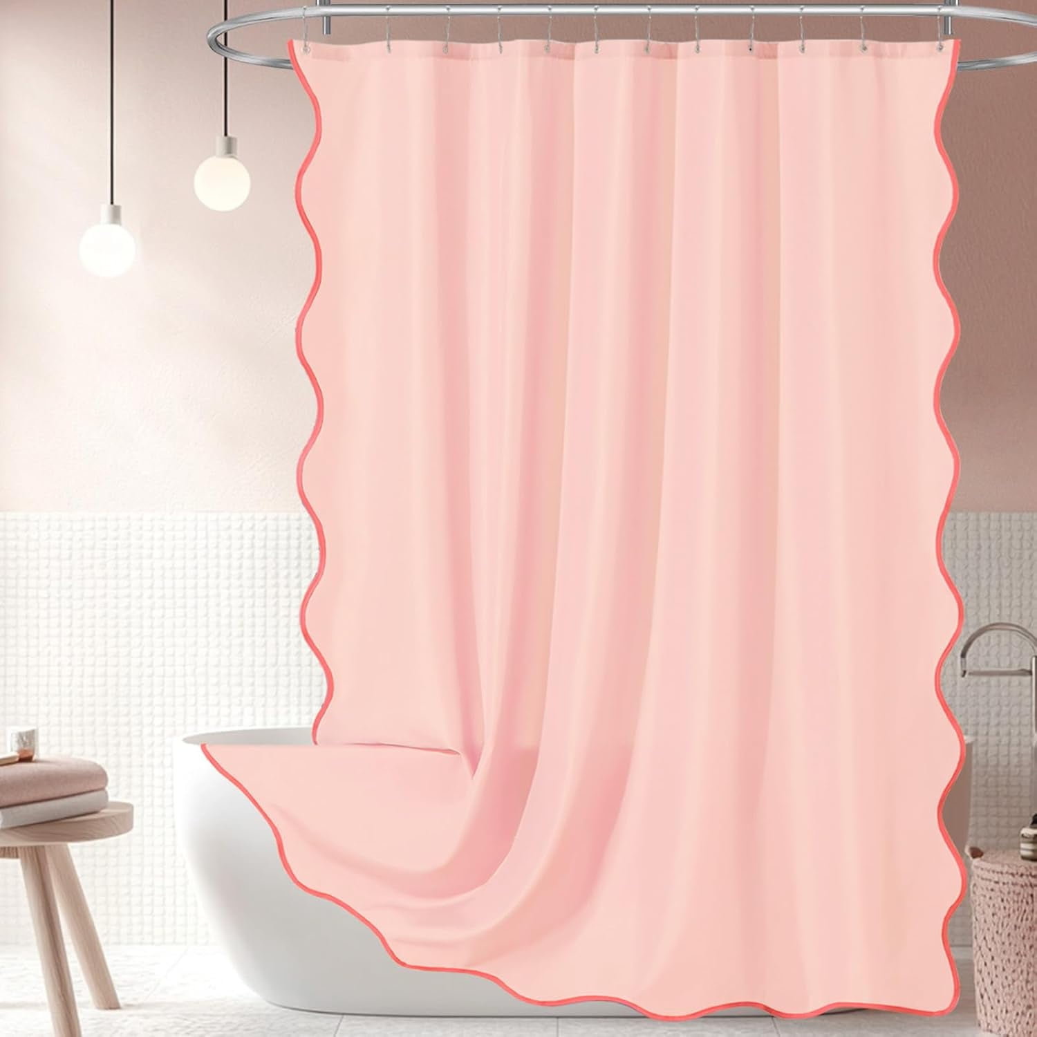 Blush Pink Scalloped Shower Curtain 72 W x 84 H Inch Extra Long, Light ...