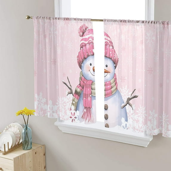 Blush Pink Snowman, Sheer Curtains 54 Inches Length 2 Panels Set, Window Sheer Curtains for Living Room/Bedroom, Merry Christmas Snowflake Light Filtering Rod Pocket Curtain 52'' x 54'' x 2