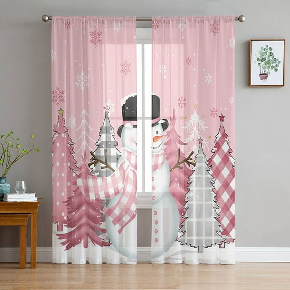 Blush Pink Snowman, Sheer Curtains 84 Inches Long 2 Panels Set, Window Sheer Curtains for Living Room/Bedroom, Christmas Dot Plaid Tree Light Filtering Rod Pocket Curtain 52'' x 84'' x 2