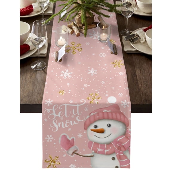 Blush Pink Snowman, Table Runner Christmas Gold Snowflake Tablerunners 16 x 72 Inch, Table Decorations Tabletop Scarf for Summer Gathering Holiday Farmhouse Kitchen Dining Decor