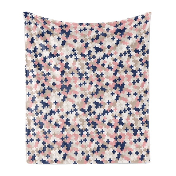 Blush Pink Soft Flannel Fleece Throw Blanket, Abstract Contemporary Art Pattern of Mosaic Themed Illustration, Cozy Plush for Indoor and Outdoor Use, 50" x 70", Blush Tan and Dark Blue, by Ambesonne