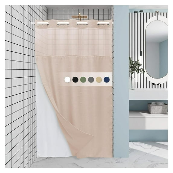 Blush Pink Stall Shower Curtain No Hook with Snap-in Liner, 230GSM Waffle Weave for Bathroom, 54W x 80H, Easy Install