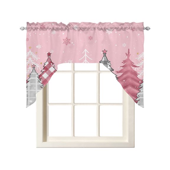 Blush Pink Swag Valances for Windows, Christmas Pine Tree Lattice Dots Rod Pocket Kitchen Curtain Light Filtering Short Topper Drape for Bathroom Cafe Bedroom Living Room Window Treatments, 56"Wx36"L
