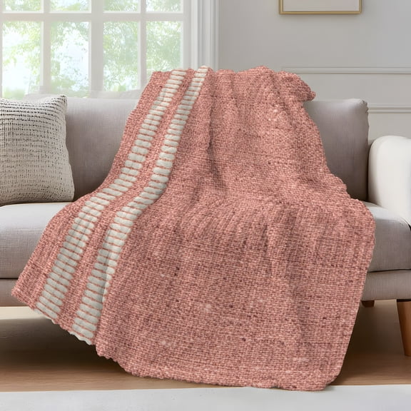 Blush Pink Throw Blanket for Couch Oatmeal Beige Pink Woven Fabric Texture Rustic Farmhouse Soft and Warm Flannel 3D Striped Fluffy Fuzzy Fleece Blanket Lightweight Throw for Bed, Sofa 30 x 40 Inches