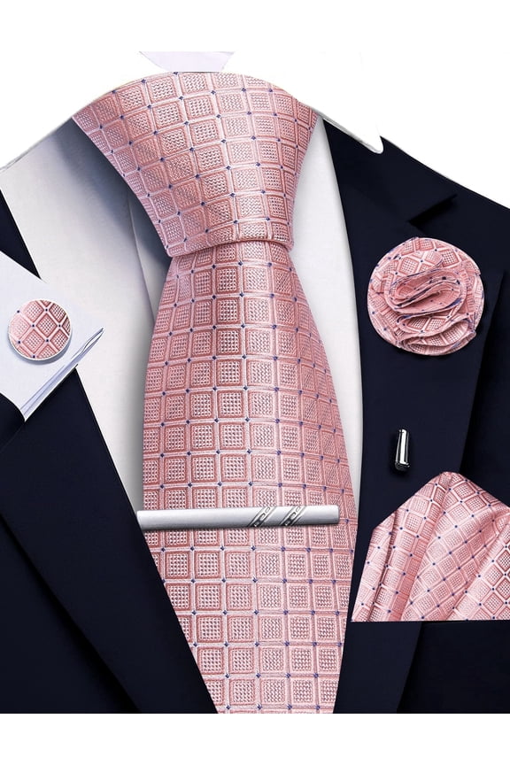 Blush Pink Ties for Men Plaid Checkered Tie Set Silk Necktie Pocket Square Handkerchief Cufflinks Lapel Pin Tie Clip