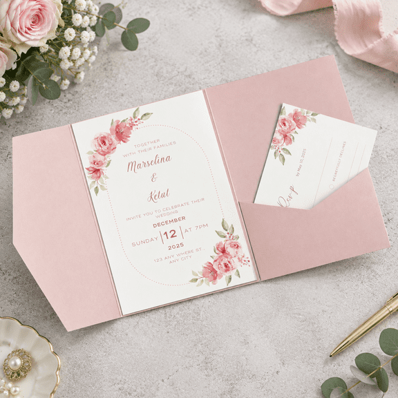 Blush Pink Tri-fold Cut Wedding Invitation Pockets for 5x7 Cards, 20 Count