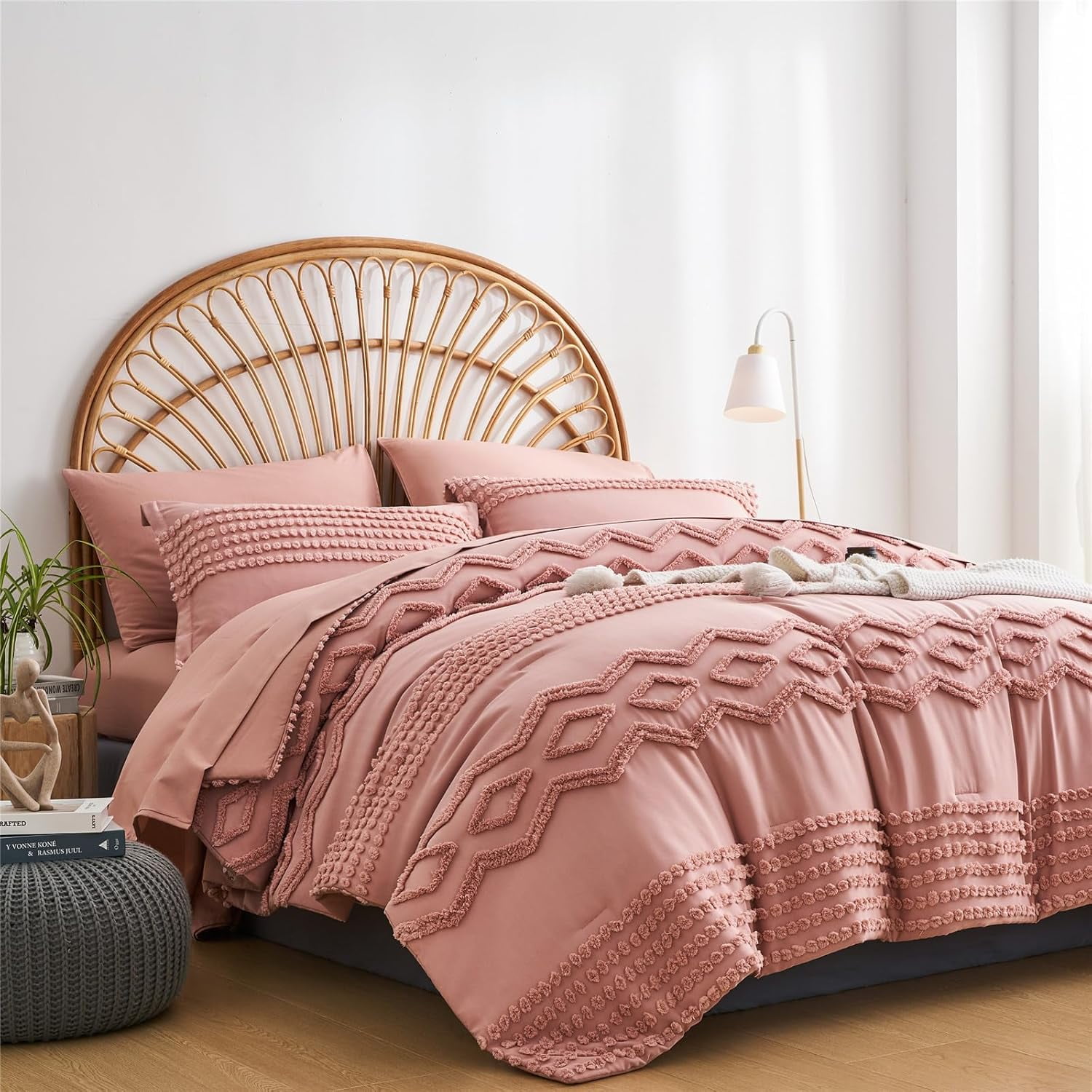 Full Pink Microfiber Boho Tufted Bed in a Bag Set