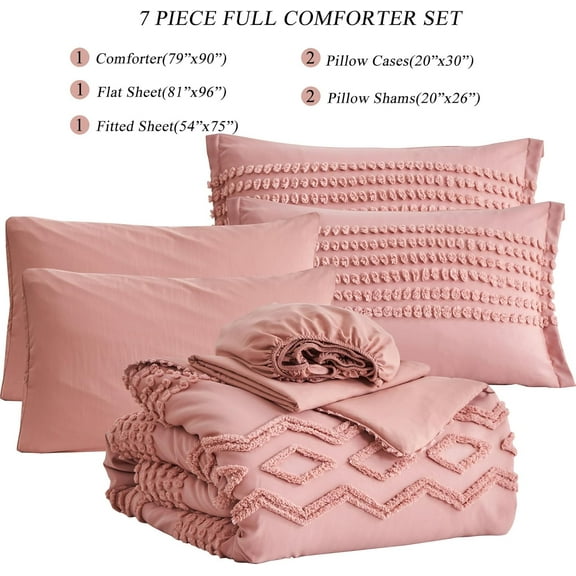 Blush Pink Tufted Comforter Set Full Size 7 Piece Bed in a Bag