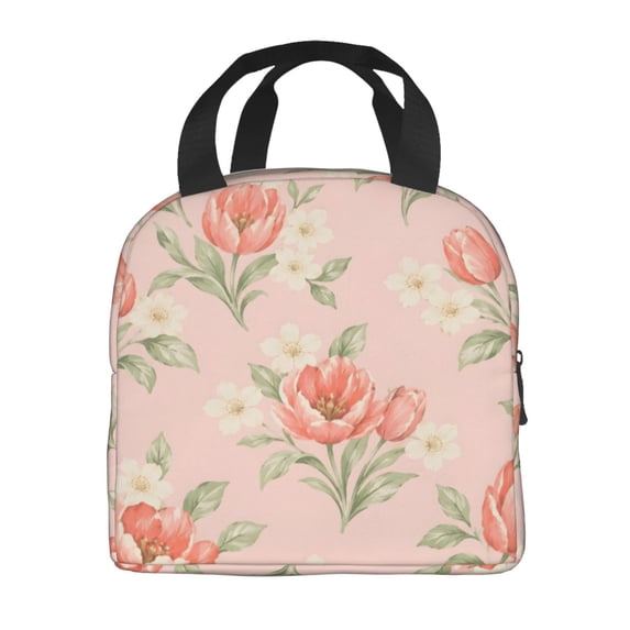 Blush Pink Tulip Floral Lunch Bag Thick Aluminum Foil Cooler Tote for Women Work Picnic Gift