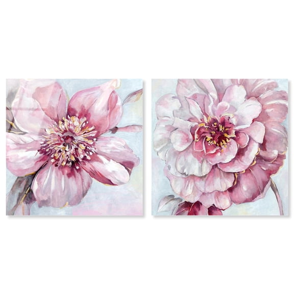 Blush Pink Wall Art Set for Bedroom 2 Panel Set Acrylic Print Floral Wall Art by Art Remedy, Ready to Hang, 12 x 12
