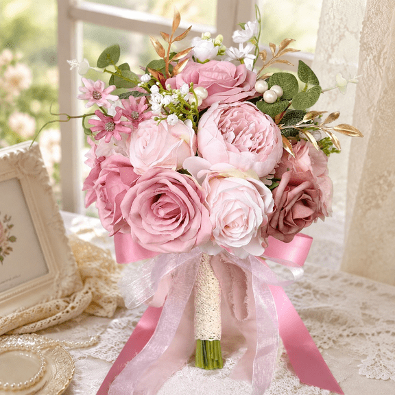 Blush Pink Wedding Bouquets for Bride Bridesmaid, Artificial Fake Dusty Roses Gold Flowers Pearl Bridal Bouquet Pastel Spring Boho Rustic Wedding Decoration Toss Bouquet Prom Anniversary
