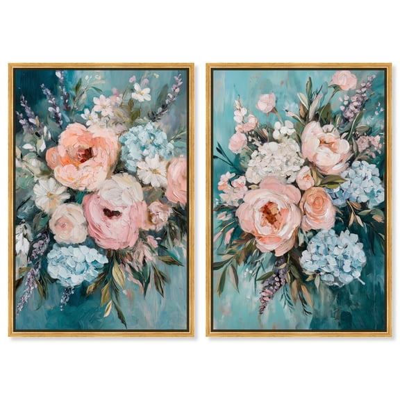 Blush Pink Whimsy 2 Panel Set Canvas Print Floral Wall Decor by Art Remedy, Gold Frame, 16 x 24