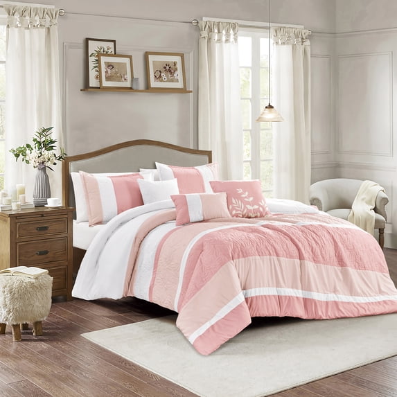 Blush Pink & White Striped Bedding - Floral Embroidery Comforter Set Queen