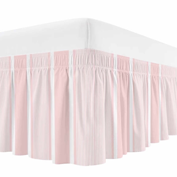 Blush Pink White Stripes Bed Skirt Bed Skirts Queen Size 16 Inch Drop, Lines Modern Vertical Stripes Wrap Around Dust Ruffle Bedskirt with Adjustable Elastic Belt for Queen Size Beds