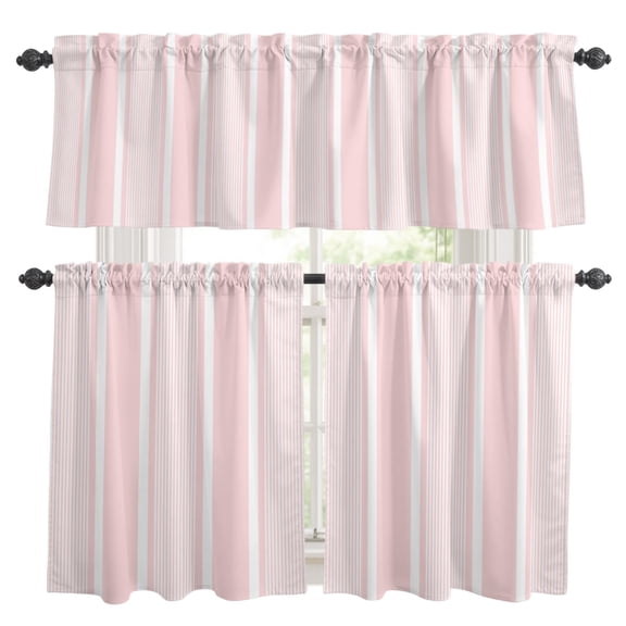 Blush Pink White Stripes Kitchen Curtains Set for Windows, Lines Modern Vertical Stripes Curtains Valance and Tier 3 Piece Set Small Drapes 36 Inch Length for Kitchen Bedroom Decor