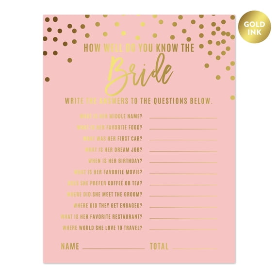 Koyal Wholesale Blush Pink & Metallic Gold Confetti Polka Dots, How Well Do You Know the Bride? Bridal Shower Game Cards, 20-Pack
