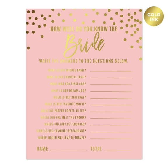Blush Pink and Metallic Gold Confetti Polka Dots, How Well Do You Know the Bride? Bridal Shower Game Cards, 20-Pack
