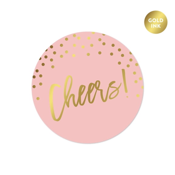 Blush Pink and Metallic Gold Confetti Polka Dots, Round Circle Label Stickers, Cheers!, 40-Pack