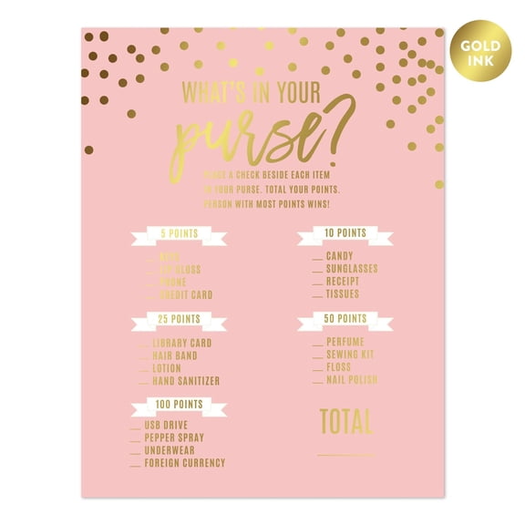 Koyal Wholesale Blush Pink and Metallic Gold Confetti Polka Dots, What's in Your Purse? Bridal Shower Game Cards, 20-Pack