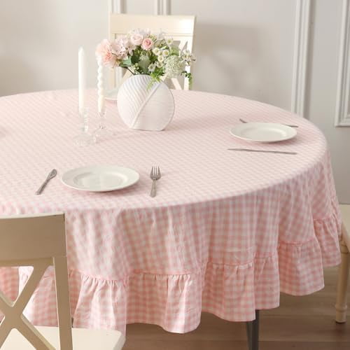 Blush Plaid Gingham Ruffled Table Cloth Round Cover 4 Seats, 100% Washed Cotton Farmhouse Cottage Coquette Checker Vintage Decorative Tablecloth - Dia.70 inches