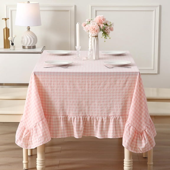 Blush Plaid Ruffled Table Cloth For Rectangle Seat 4-6 Washedton ClassictCoquette Checker Gingham VintDecorative Tablecloth - 70"x52"