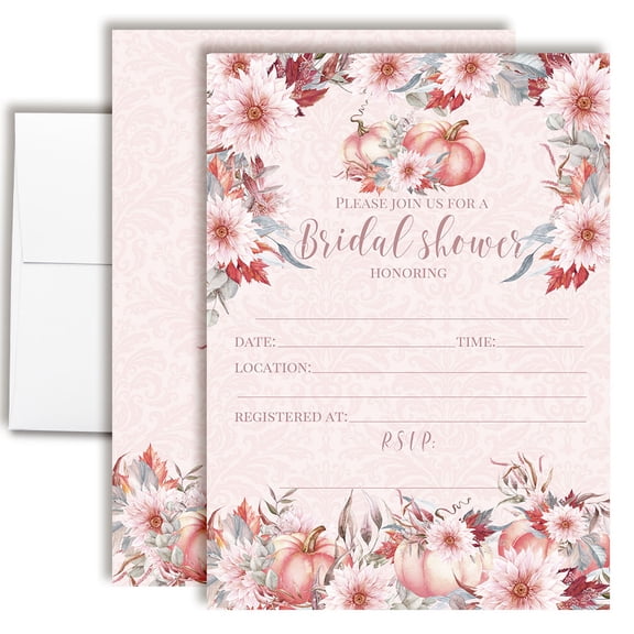 Blush Pumpkin Fall Bridal Shower Invitations, 20 Fill-In Cards with Envelopes, 5x7 Wedding Shower Invitations for Bride, Bridal Party Supplies and Decorations, Made in USA by Amanda Creation
