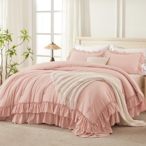 Blush Queen Comforter Set(90x90Inch), 3 Pieces Lightweight Soft Ruffle Bedding Comforter Sets for Queen Bed, Farmhouse Shabby Chic Fluffy Soft Microfiber Bed Set for All Season