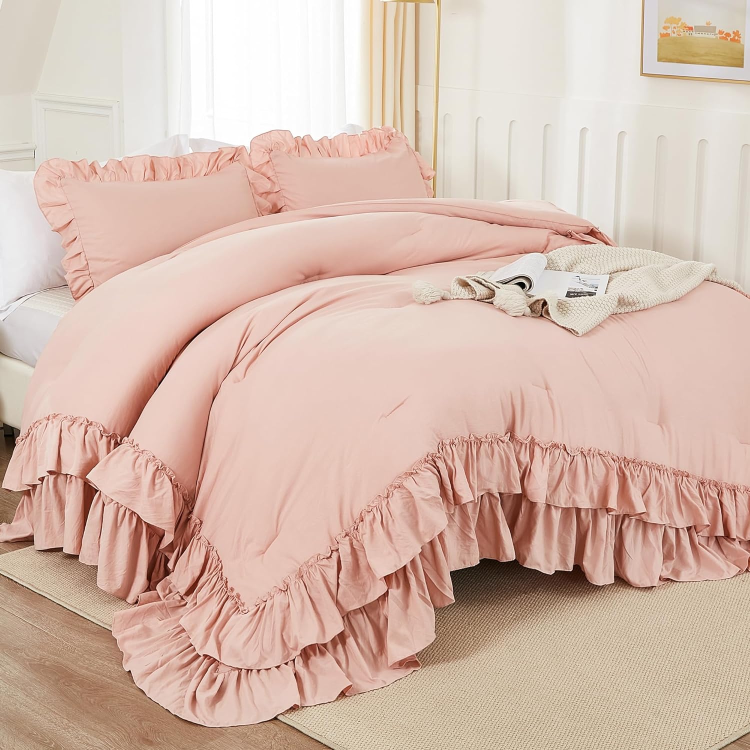 Blush Queen Comforter Set(90x90Inch), 3 Pieces Lightweight Soft Ruffle