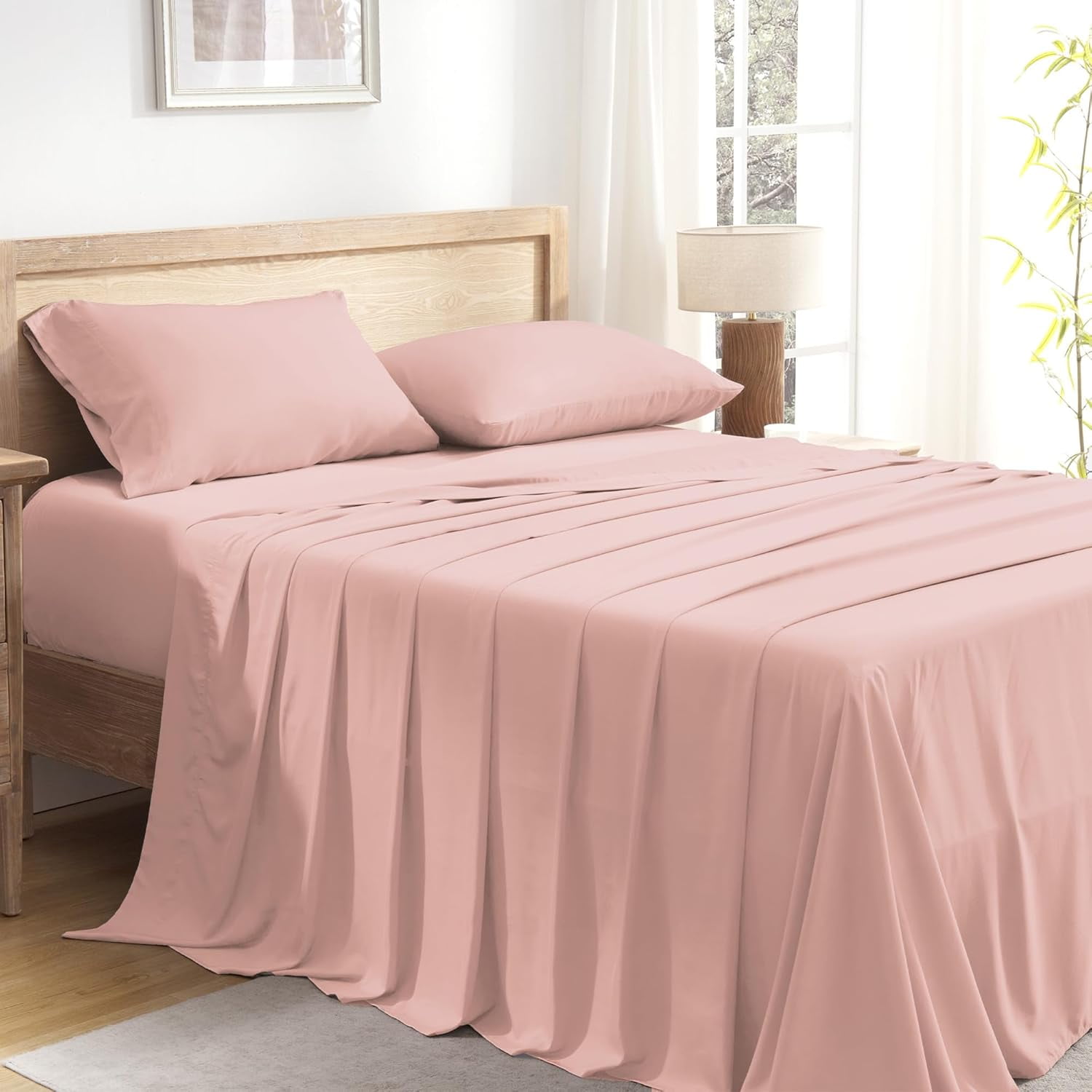 Blush Queen Sheets Set, 100% Viscose Derived from Bamboo, Cooling Bed Sheets Queen Size, Deep Pocket Up to 16", Silky Soft Sheets, Hotel Luxury Breathable Bedding Sheets & Pillowcases