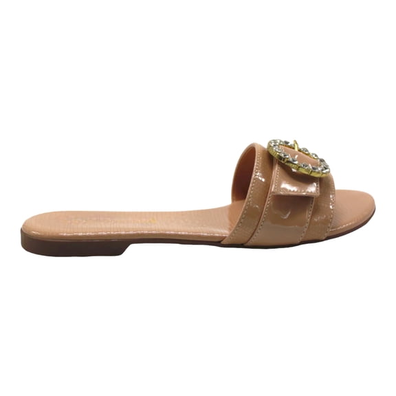 Blush Rhinestone Buckle Slip On Flat Sandals