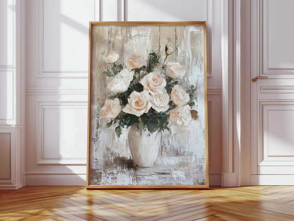 Blush Rose Bouquet Wall Art – Vintage Floral Vase Painting, Neutral ...