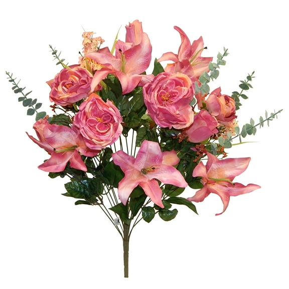 Blush Rose Peony Lily Hydrangea with Eucalyptus 30in Artificial Polysilk Faux Greenery Fake Flower Bush for Craft Home Bouquet Arrangement Ceremony Wedding Floral Wall Decor (Salmon Pink, One each)