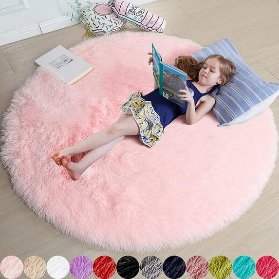 Blush Round Rug for Bedroom,Fluffy Circle Rug 4'X4' for Kids Room,Furry Carpet for Teen Girls Room,Shaggy Circular Rug for Nursery Room,Fuzzy Plush Rug ,Cute Room Decor for Baby-Brown&4x4 Feet