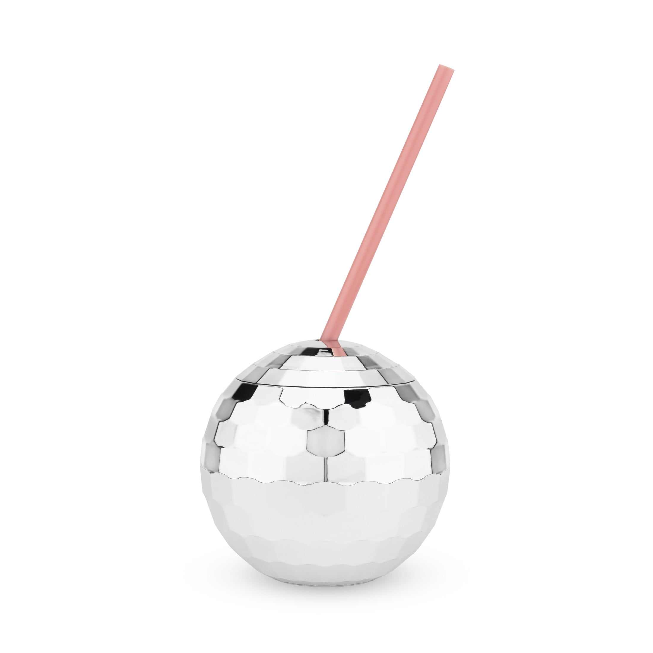 Silver Disco Ball Drink Tumbler with Pink Straw