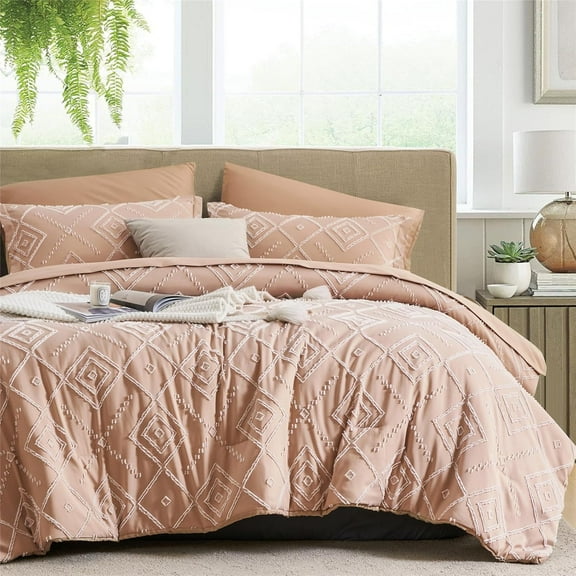 Blush Tufted Queen Comforter Set 7 Piece Bed in a Bag, Shabby Chic Boho Comforter and Sheet Set, Soft Microfiber Complete Bedding Set for All Season(Pink, Queen)