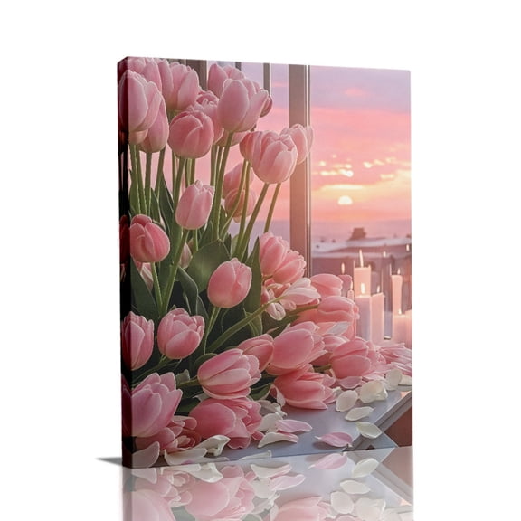 “Blush Tulips with Sunset & Candles” Romantic Canvas Wall Art Ready to Hang for Living Room and Bedroom