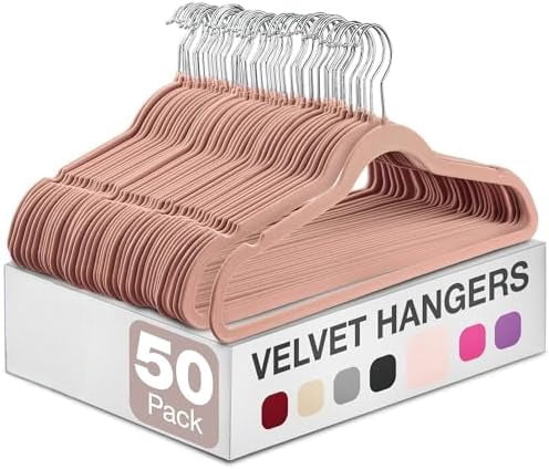 Blush Velvet Hangers 50 Pack - Clothes Hangers, Coat Hanger for Pants & Dress Clothes - Non Slip w/ 360 Degree Swivel, Holds up to 10 lbs - Strong Felt Hanger for Clothing