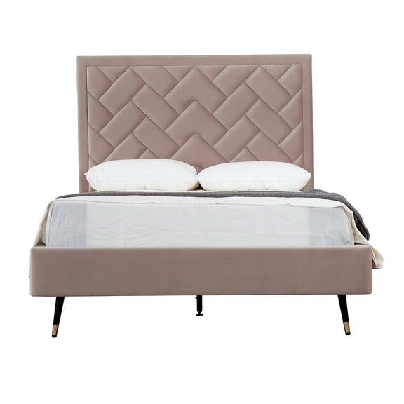 Blush Velvet Upholstered Platform Bed with Headboard, Full Size Modern Bed Frame, No Box Spring Needed