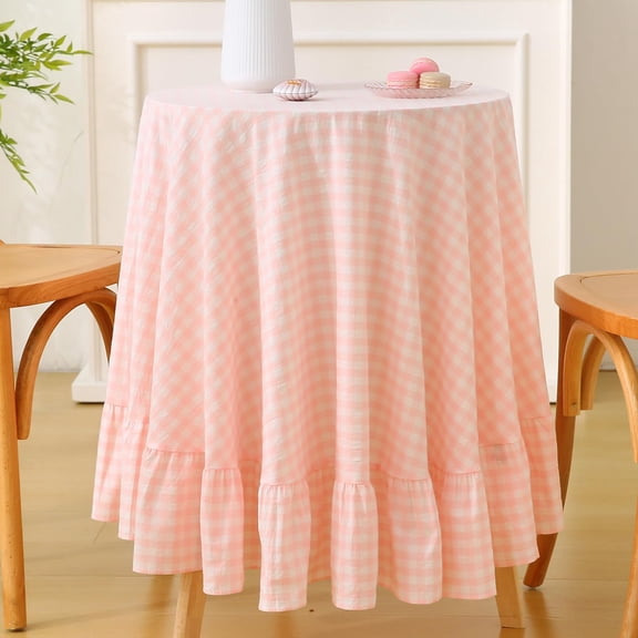 Blush White Plaid Gingham Ruffled Table Cloth For Round End Nightstand Washedton Classic Farmhouse Checker VintDecorative Tablecloth - Dia.51