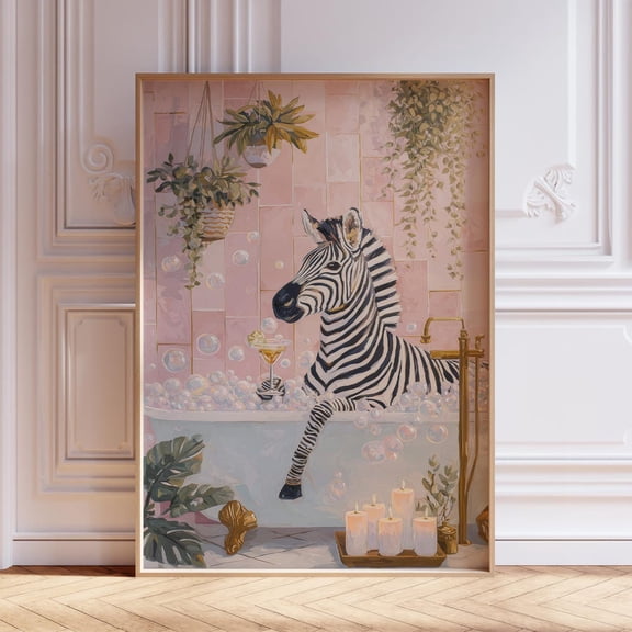 Blush Zebra Bathroom Bathroom Restroom Powder Room Restroom Guest Bathroom Powder Room Vintage Style Wall Decor Unframed Paper Print