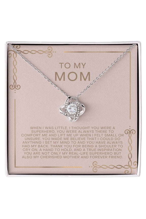 Blush and Gold Superhero Mom Necklace, Gold Love Knot Necklace