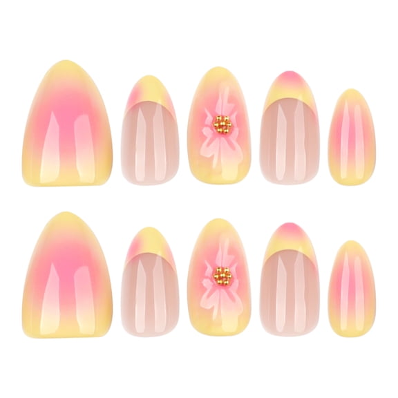 Blush gradient 3D flower false nails, hot-selling European and American style press-on nails, French yellow sweet cool nail art
