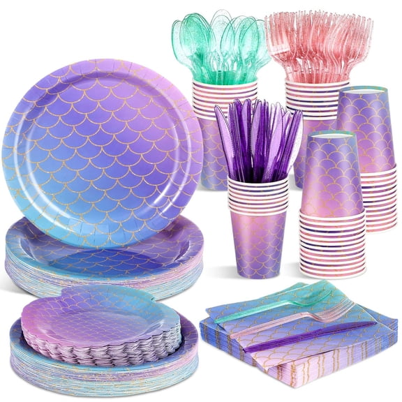 Blushtier 350 Pcs Mermaid Party Supplies Mermaids Themed Decorations Under the Sea Disposable Dinnerware Set Includes Plates Napkins Cups Spoons Fork Knives for Birthday Party (Multicolor) Y101