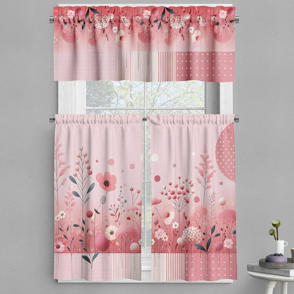 Blushy Floral Valance & Tier Curtain 3 pcs Set, Dreamy Spring Art of Gentle Leafy Floral Scene with Polka Dots Details, Window Treatments for Kitchen Room Decor, 55" x 36", Rose Pastel Pink