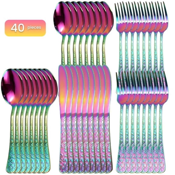 Blusmart 40-Piece Colorful Flatware Set, 8-Person Flatware Set with Steak Knife, Fork and Spoon, Premium Stainless Steel Flatware Set, Premium Feel Patterned Handles, Dishwasher Safe