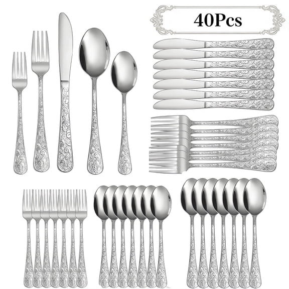 Blusmart 40-Piece Silverware Set, Luxury Stainless Steel Flatware Set with Spoons, Forks, Knives, 8-Person Floral Design Flatware, Kitchen Dining Accessories Dishwasher Safe